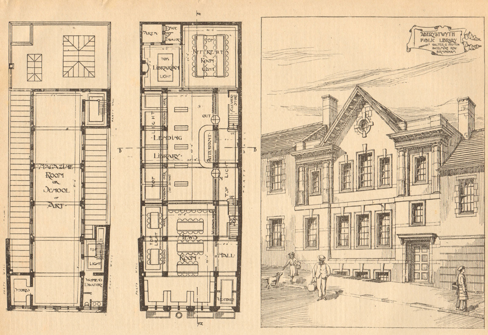 Aberystwyth Public Library, Architects Walter G. Payton 1904 old antique print